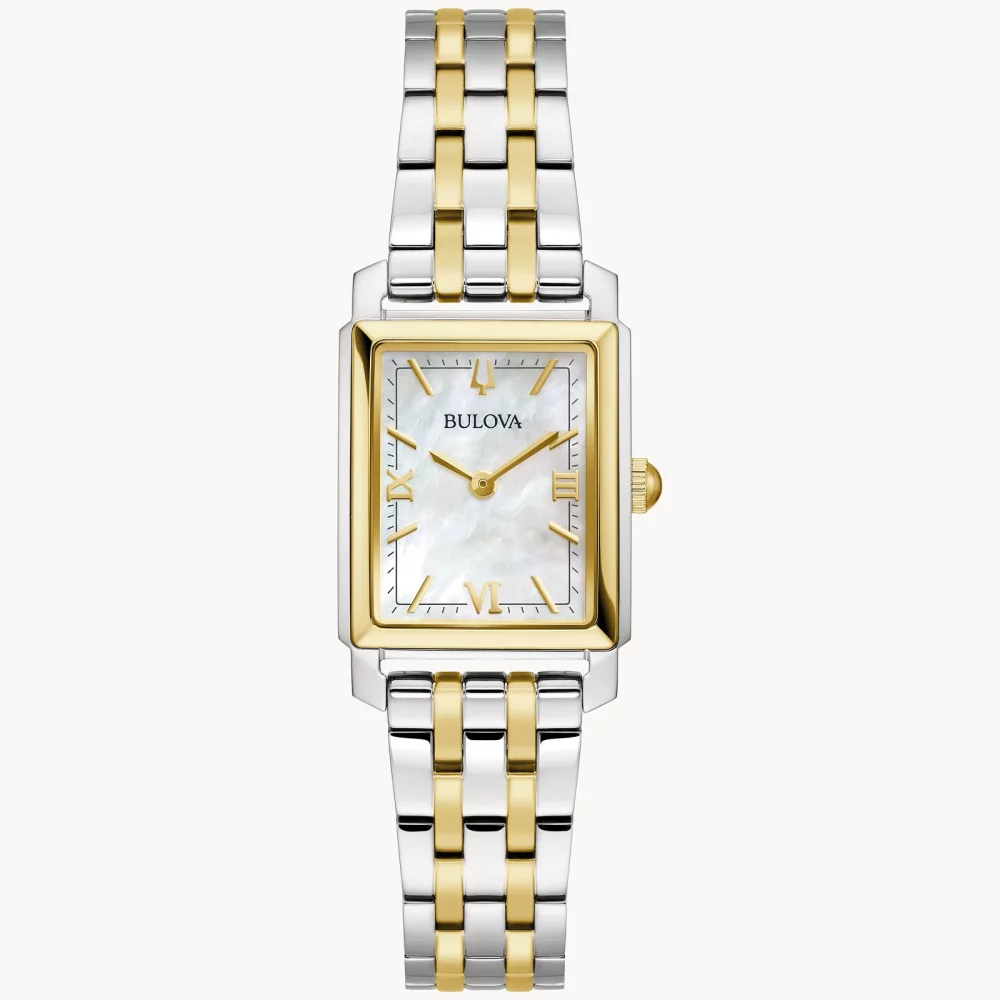 Montre Bulova® Classic Collection pour femmes, modèle Sutton bicolore avec cadran en nacre blanche.