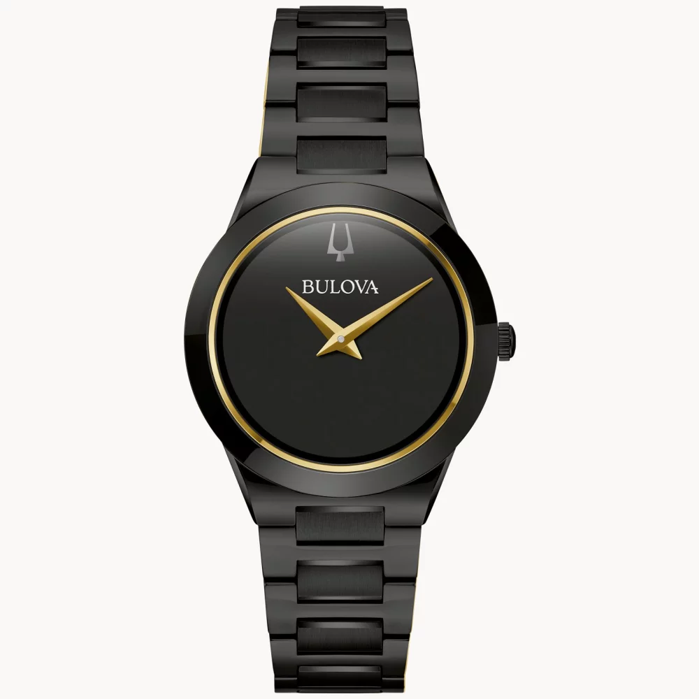 Montre Bulova® Modern Collection Millennia® pour femmes en noir avec des accents dorés.