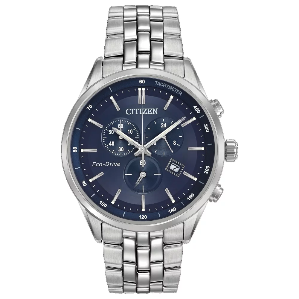 Citizen® Men's Silver Classic Chronograph Watch w/Round Blue Dial