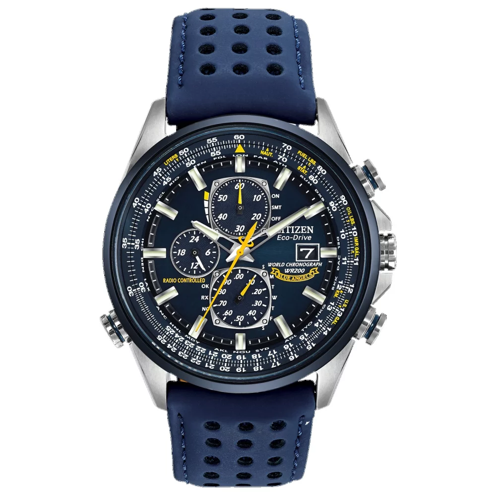 Montre chronographe Citizen® Blue Angels World pour homme avec bracelet en cuir enduit de polyuréthane