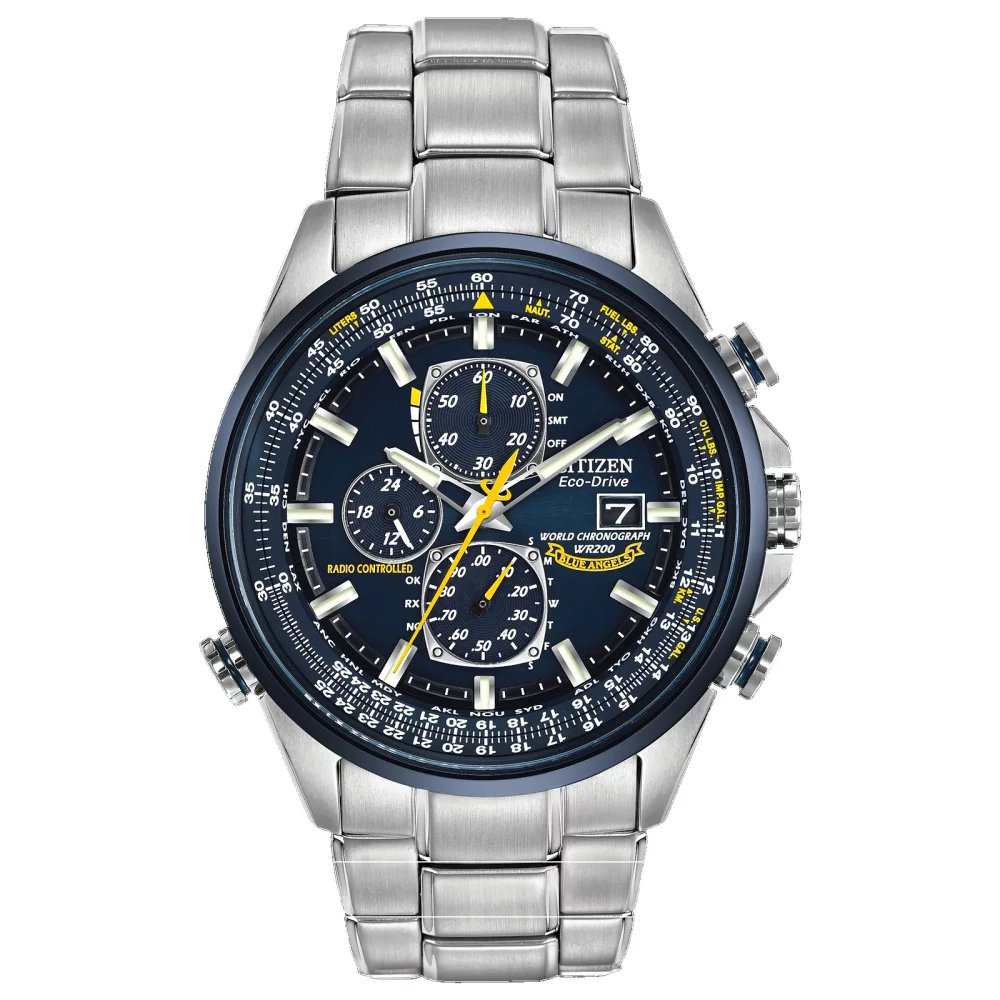 Citizen® Men's Blue Angels World Chronograph A-T Watch w/Metal Bracelet