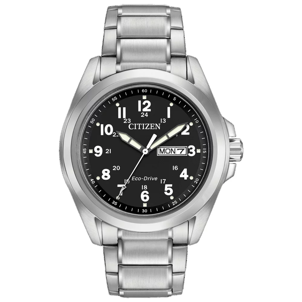 Citizen® Men's Silver Garrison Watch w/Round Black Dial