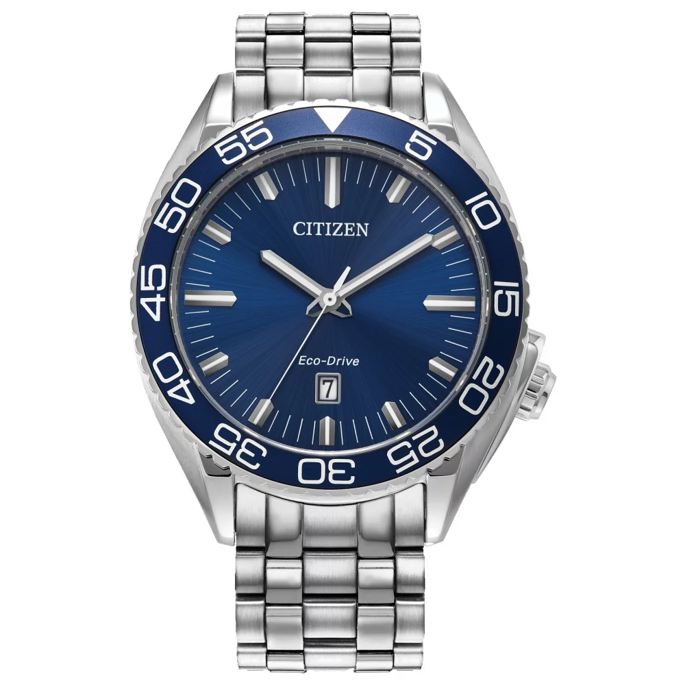 Montre Citizen® pour homme, modèle Carson en argent avec cadran rond bleu.