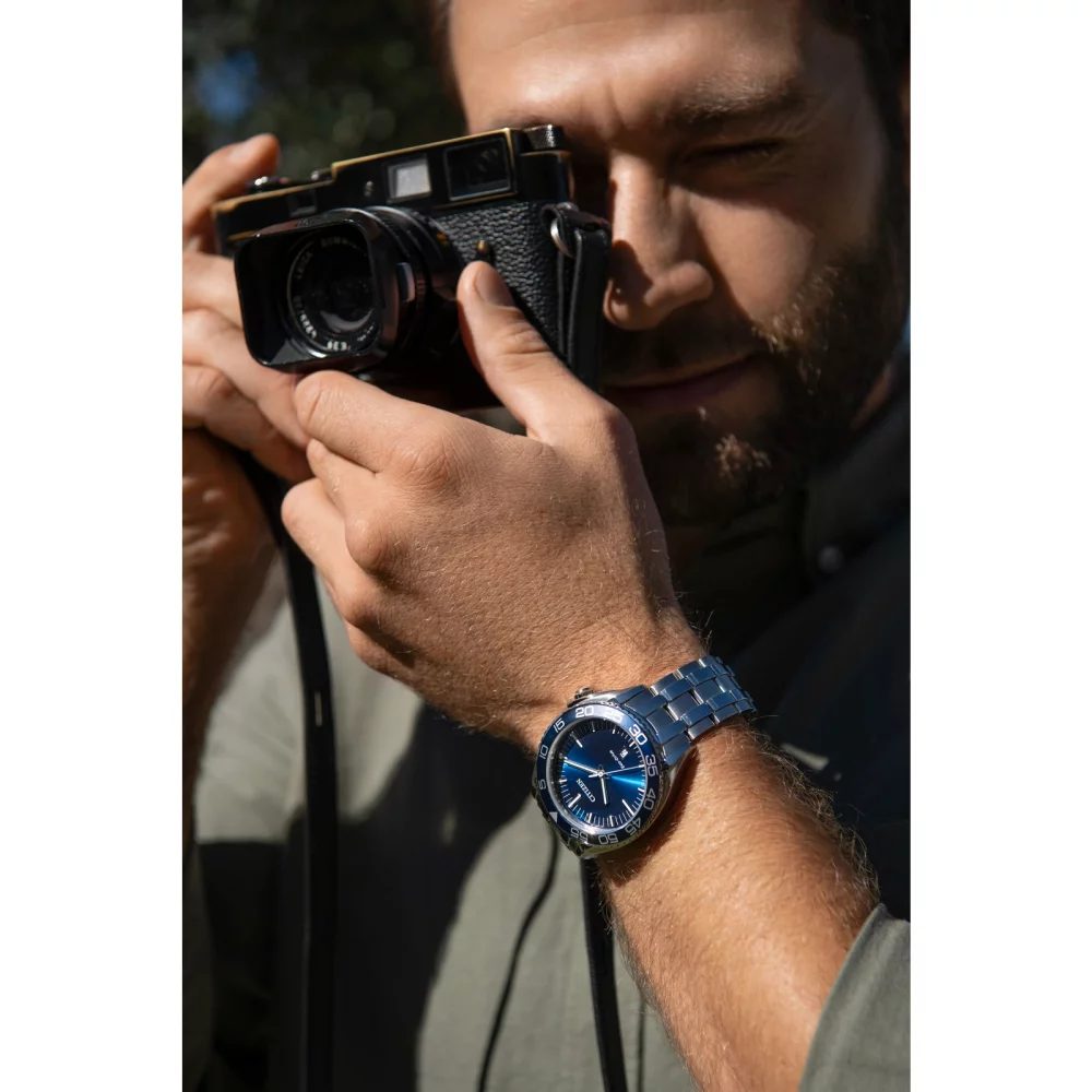 Citizen® Men's Silver Carson Watch w/Round Blue Dial