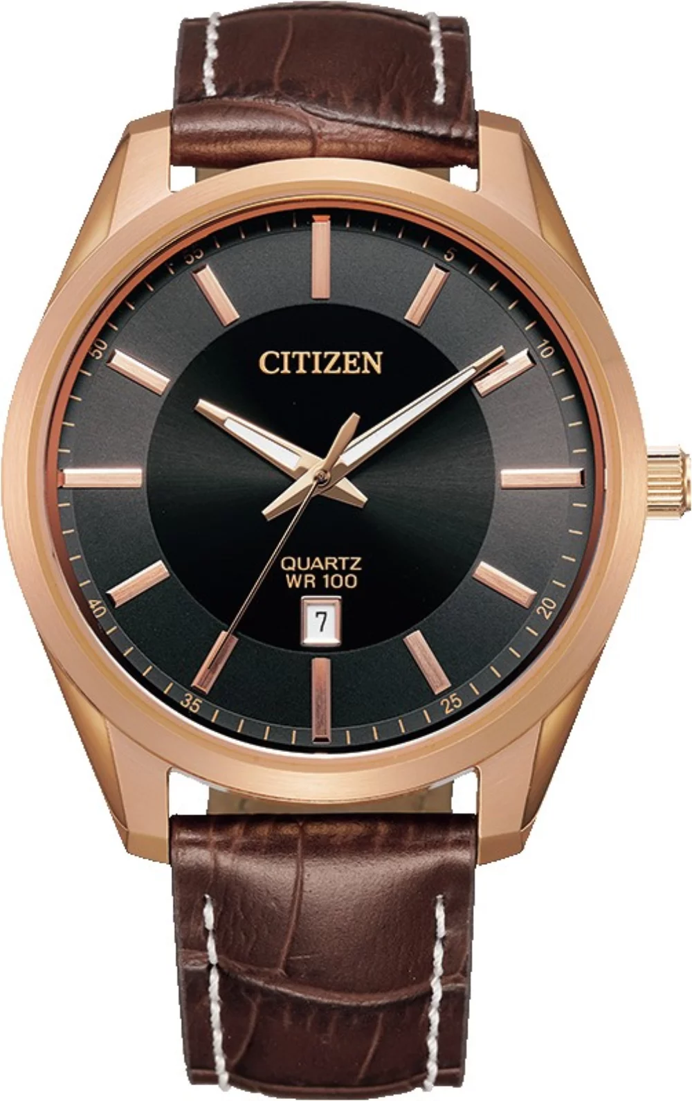 Montre Citizen® pour homme en quartz, en or rose avec bracelet en cuir brun foncé.