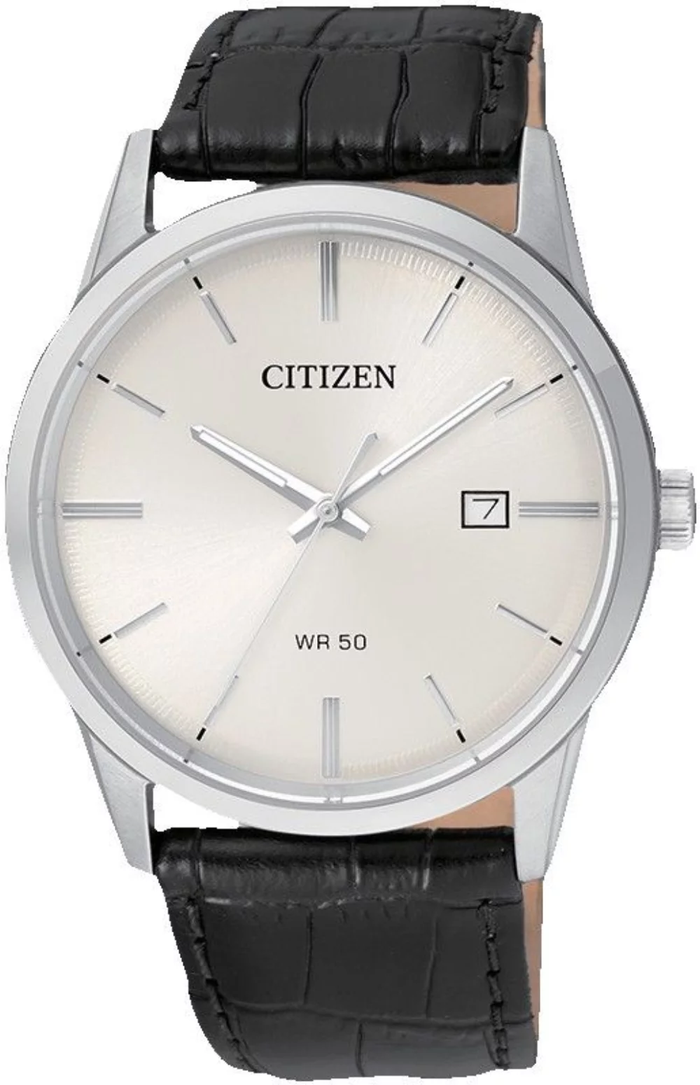 Montre Citizen® pour homme en cuir noir avec cadran rond argenté