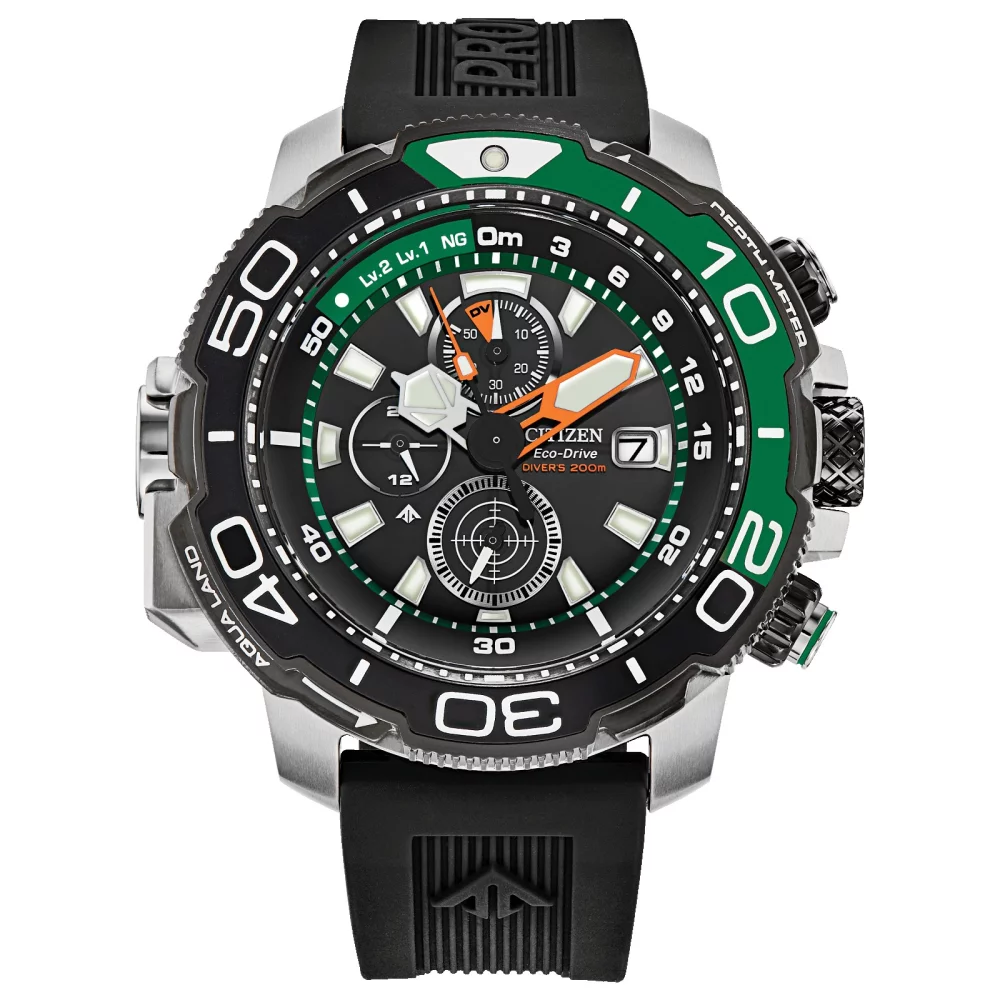 Citizen® Promaster Sea Collection Men's Black Chronograph Aqualand Watch w/Green Accents