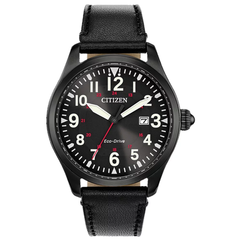 Montre Citizen® Garrison pour homme en noir avec bracelet en cuir
