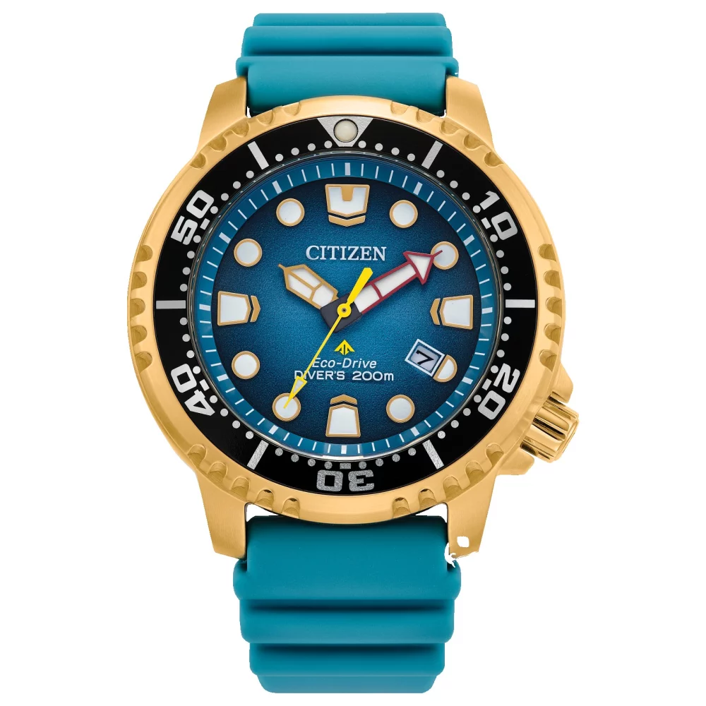 Montre de plongée professionnelle Citizen® Promaster Sea Collection pour hommes en or avec cadran rond bleu turquoise.