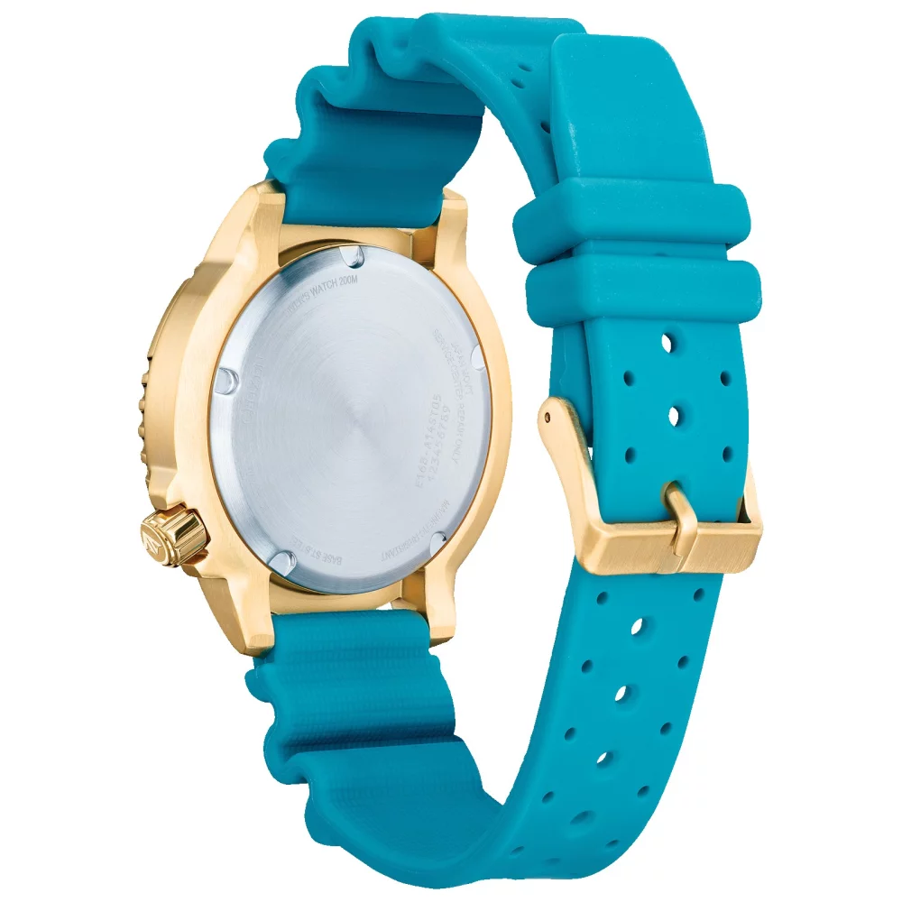 Montre de plongée professionnelle Citizen® Promaster Sea Collection pour hommes en or avec cadran rond bleu turquoise.