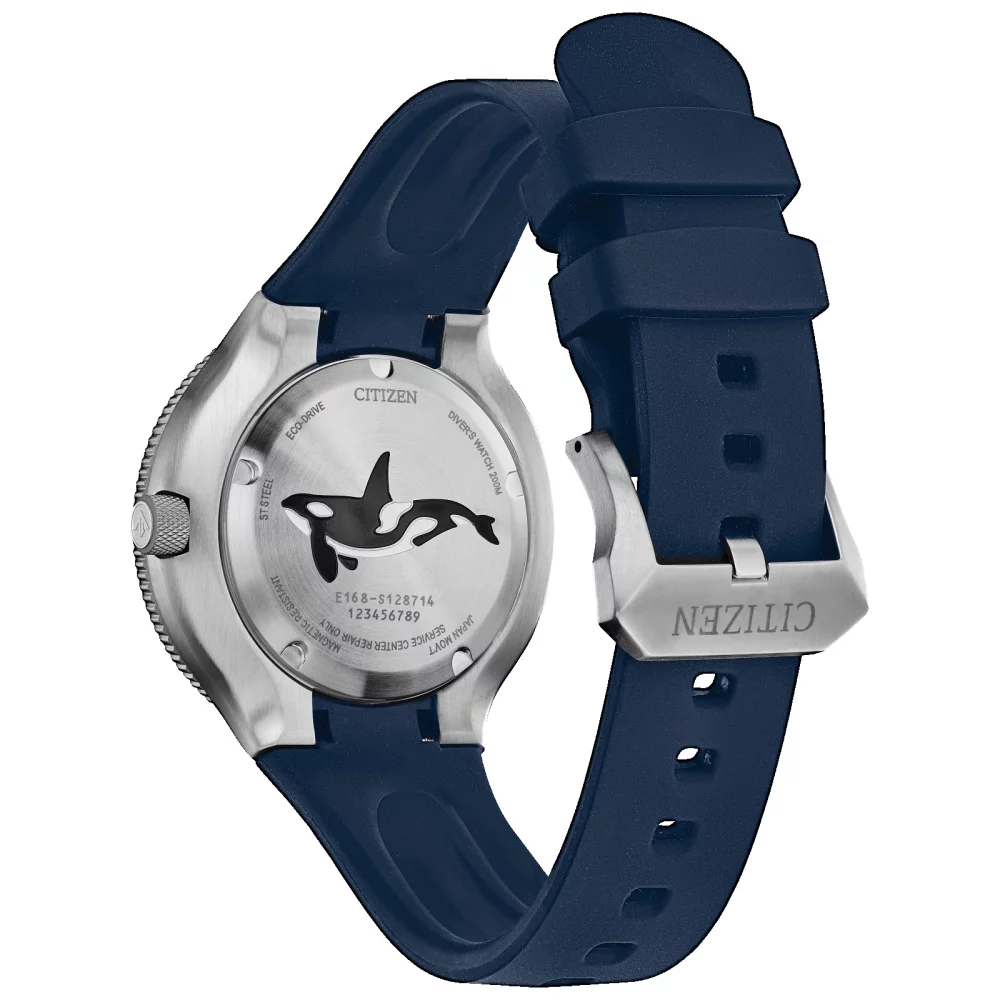 Montre de plongée Citizen® Promaster Sea Collection pour homme, bleue avec motif baleine ocra.