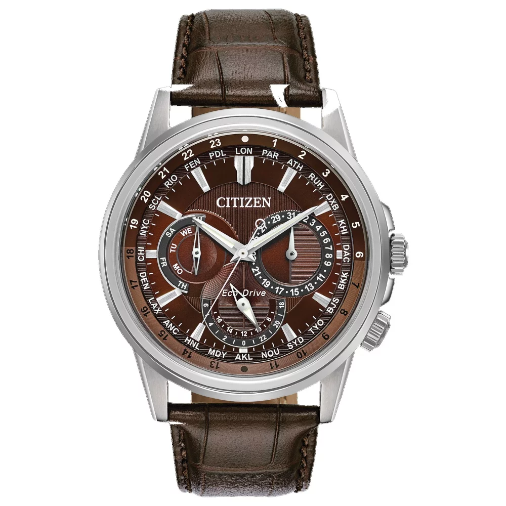 Montre Citizen® pour homme avec calendrier en argent et cadran rond marron.