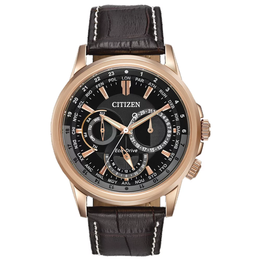 Montre Citizen® pour homme en or rose avec calendrier et cadran noir rond