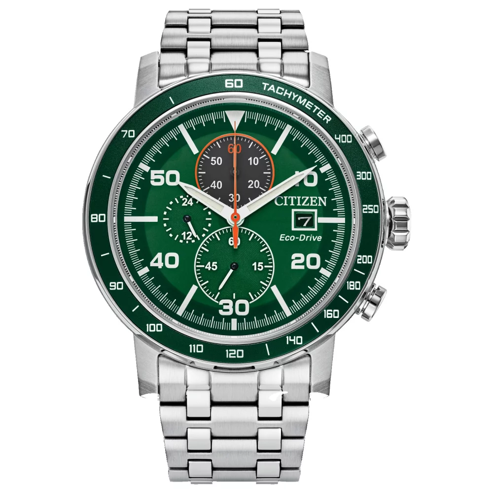 Citizen® Sport Styled Men's Silver Chronograph Brycen Watch w/Round Green Dial