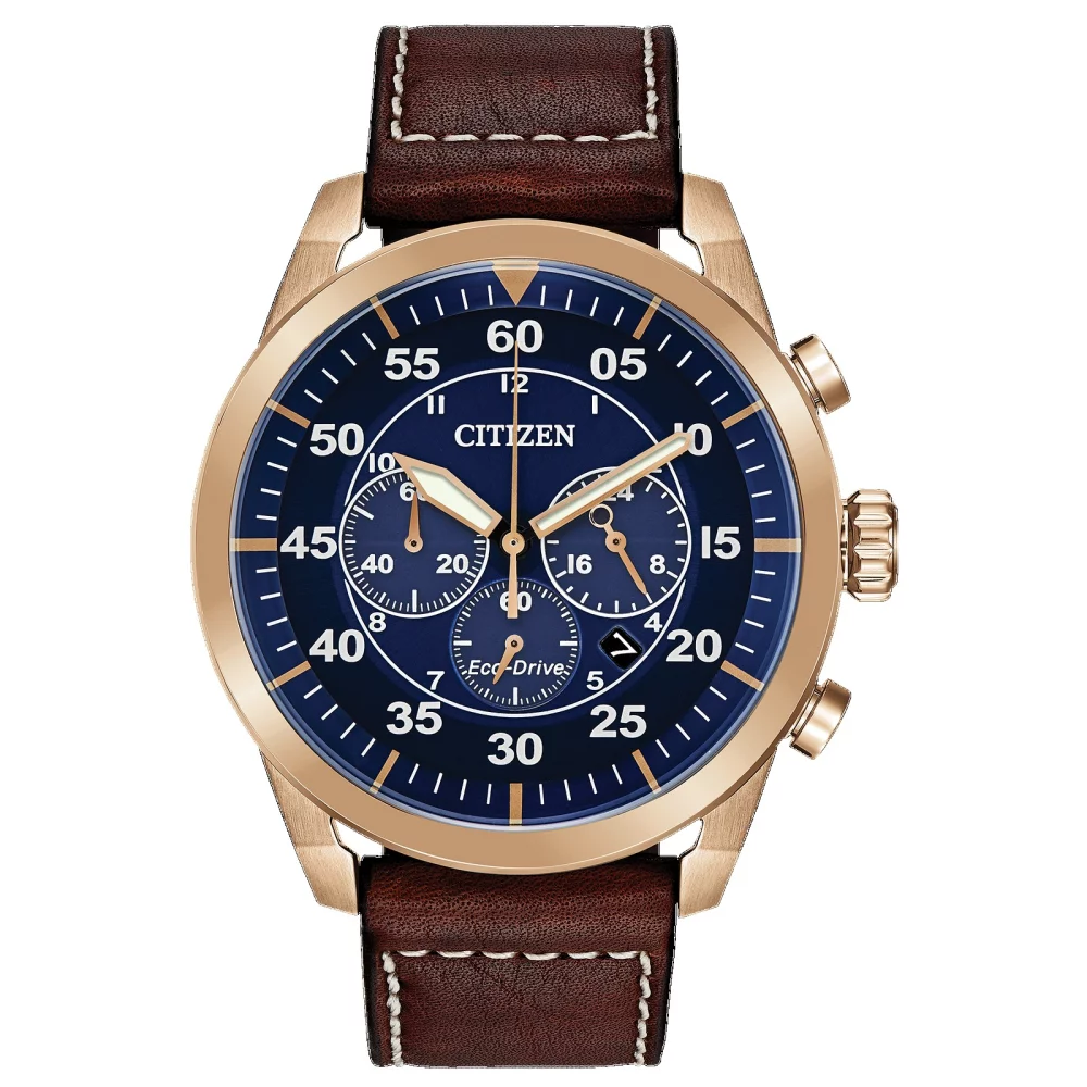 Citizen® Men's Rose Gold Chronograph Avion Watch w/Round Blue Dial