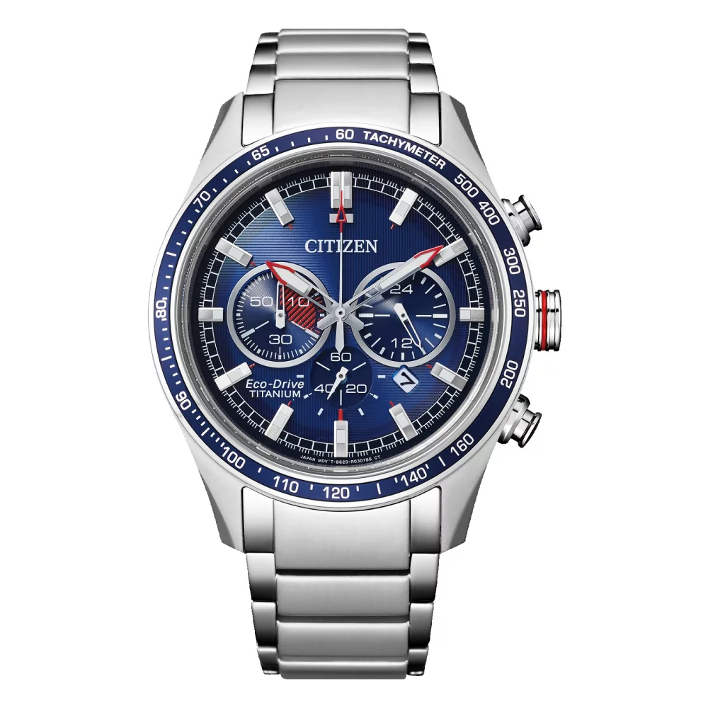 Montre chronographe Citizen® Super Titanium™ Collection pour hommes, modèle Garrison avec cadran rond bleu.