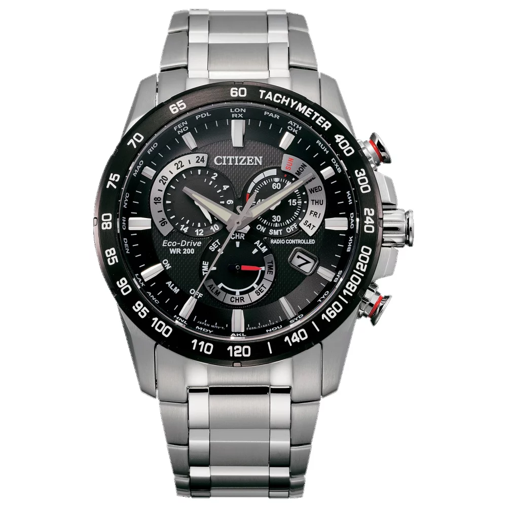 Collection Citizen® Atomic Timekeeping Montre chronographe perpétuelle pour hommes en argent avec cadran noir rond