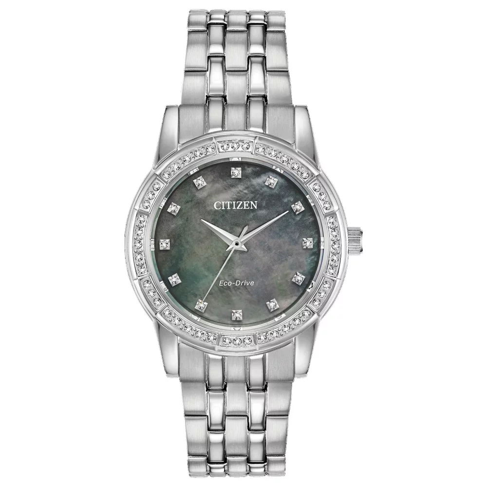 Montre Citizen® Silhouette Crystal pour femme en argent avec cadran en nacre noire.