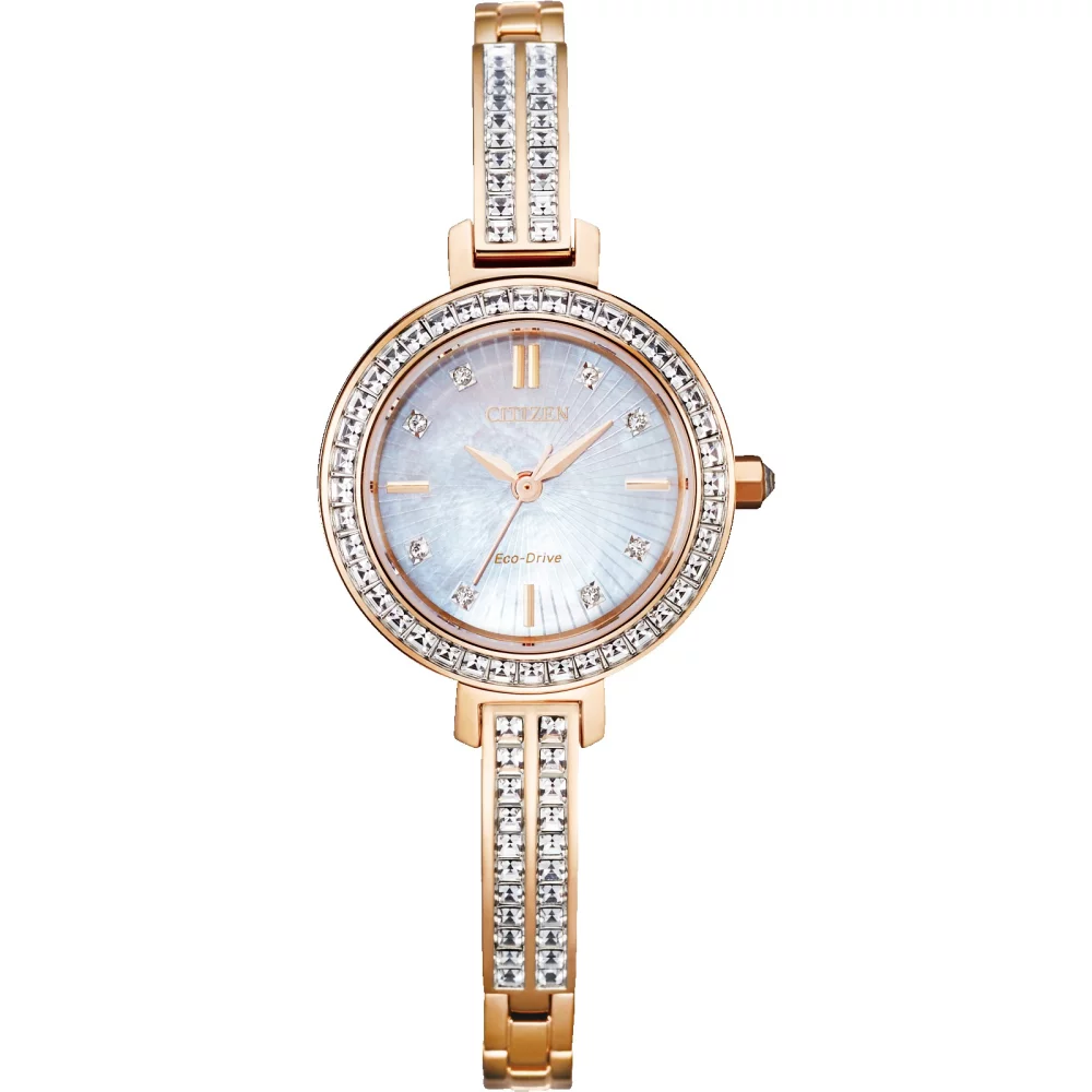 Montre Citizen® Silhouette Crystal pour femme en or rose avec cadran en nacre rose.