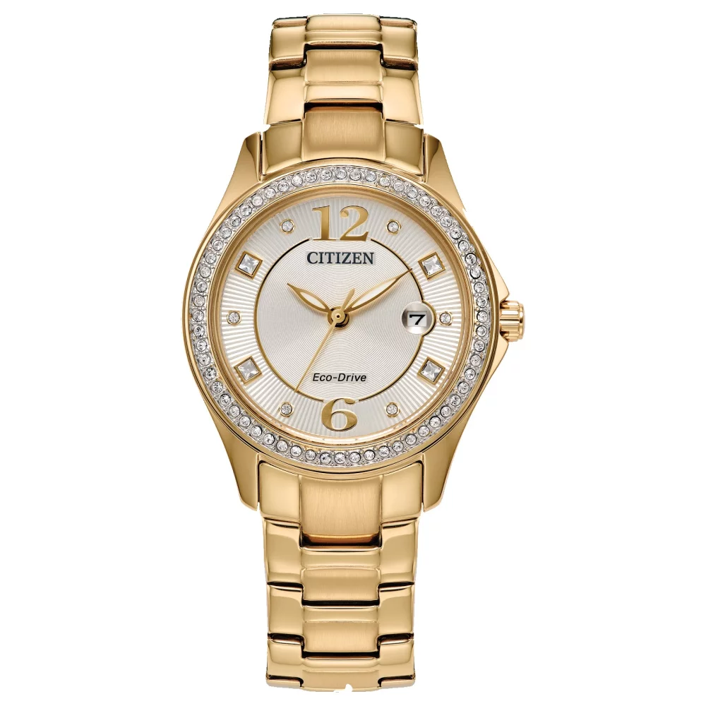 Montre pour femme Citizen® Silhouette Crystal en or avec cadran rond champagne beige.