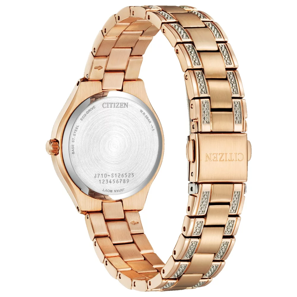 Montre Citizen® Silhouette Crystal pour femme en or rose avec cadran rond argenté et blanc.