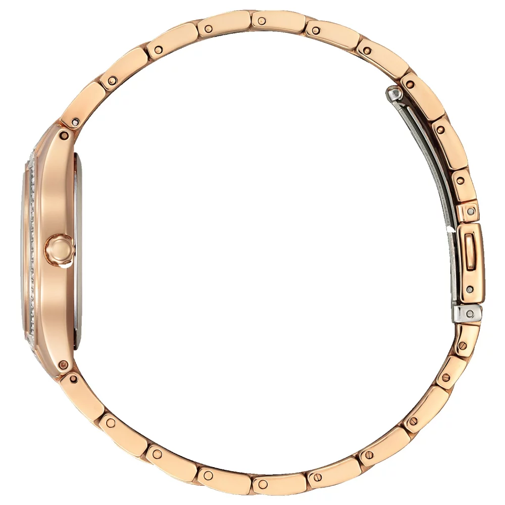Montre Citizen® Silhouette Crystal pour femme en or rose avec cadran rond argenté et blanc.