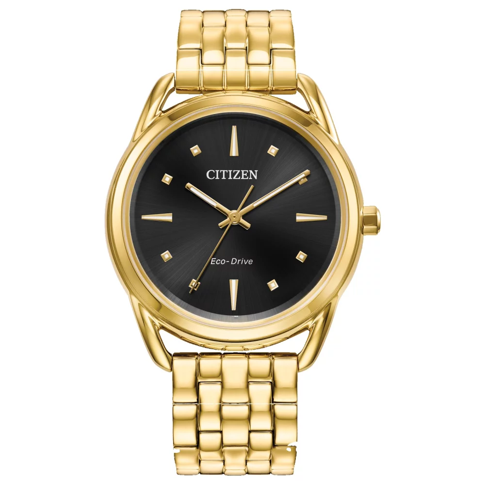 Montre classique Citizen® pour femme en or avec cadran rond noir.