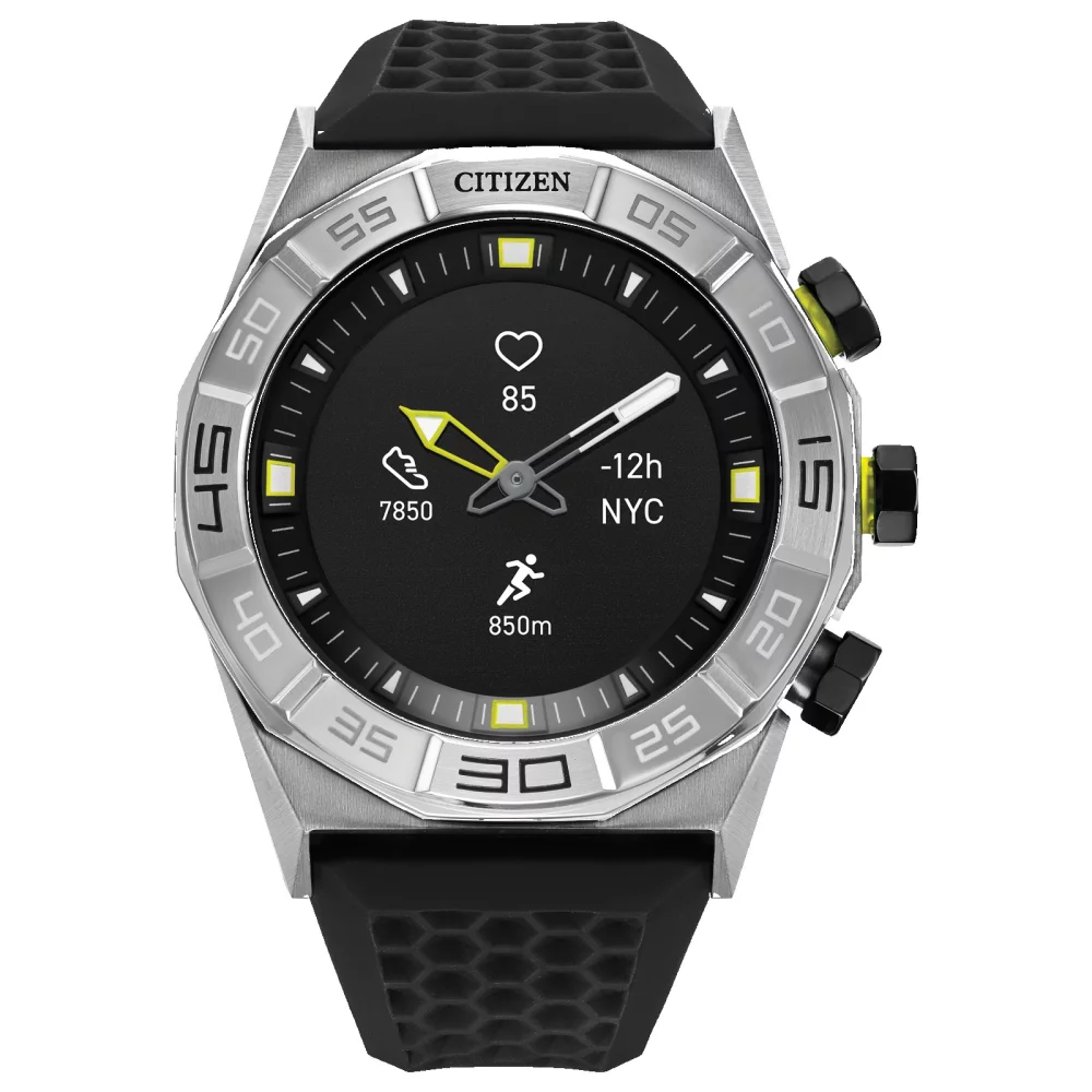 Collection de montres intelligentes Citizen® pour hommes, montre hybride intelligente en argent avec bracelet en silicone.