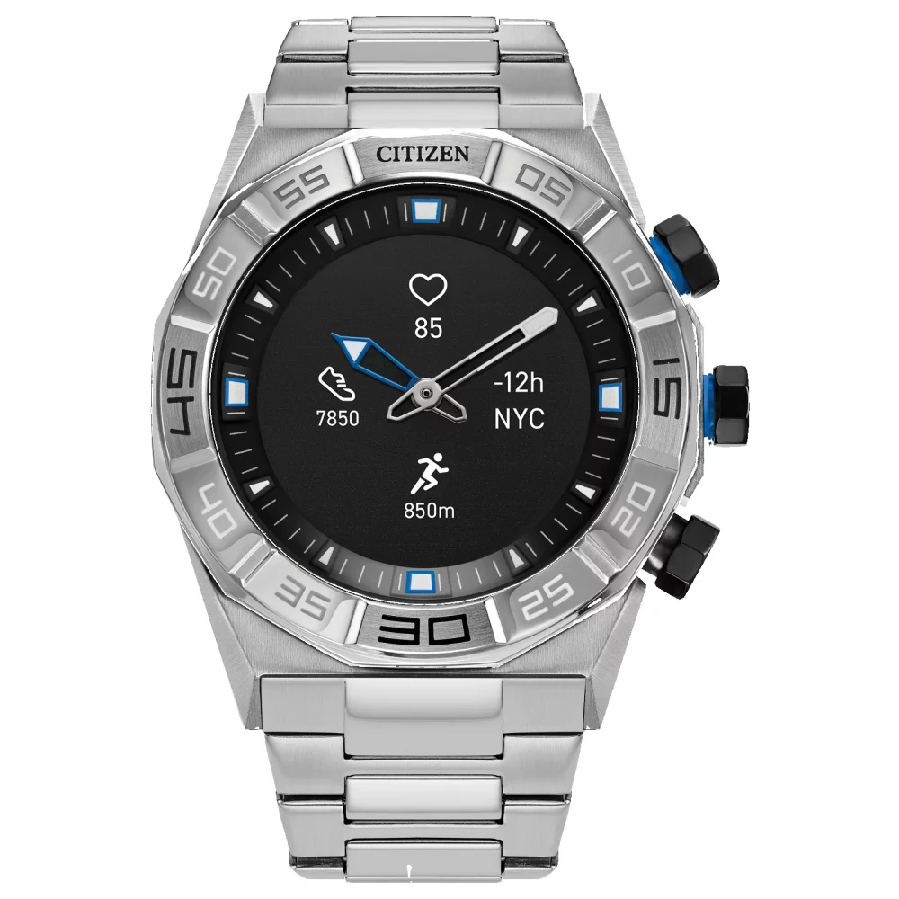 Collection de montres intelligentes Citizen® pour hommes, montre hybride intelligente en argent avec CZ.