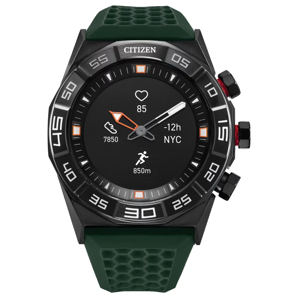 Collection de montres intelligentes Citizen® pour hommes, montre hybride intelligente CZ avec bracelet en silicone vert.