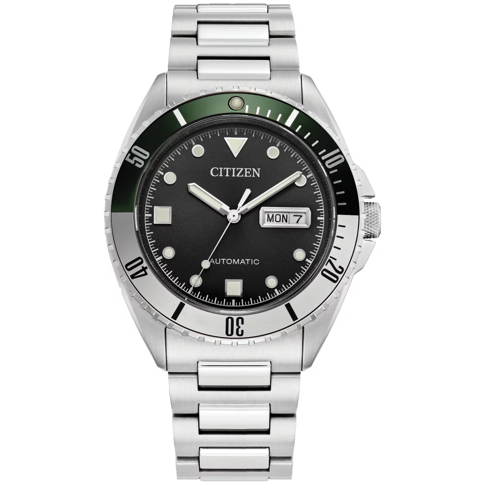 Citizen® Men's Silver Sport Automatic Watch w/Round Light Black Dial
