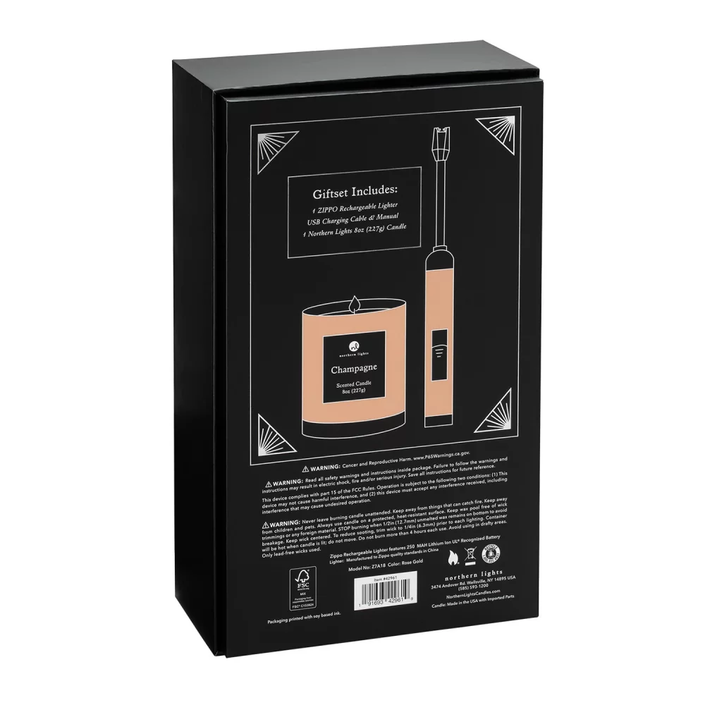 Ensemble cadeau allume-bougie rechargeable Zippo® Rose Gold et bougie de champagne de 8 oz
