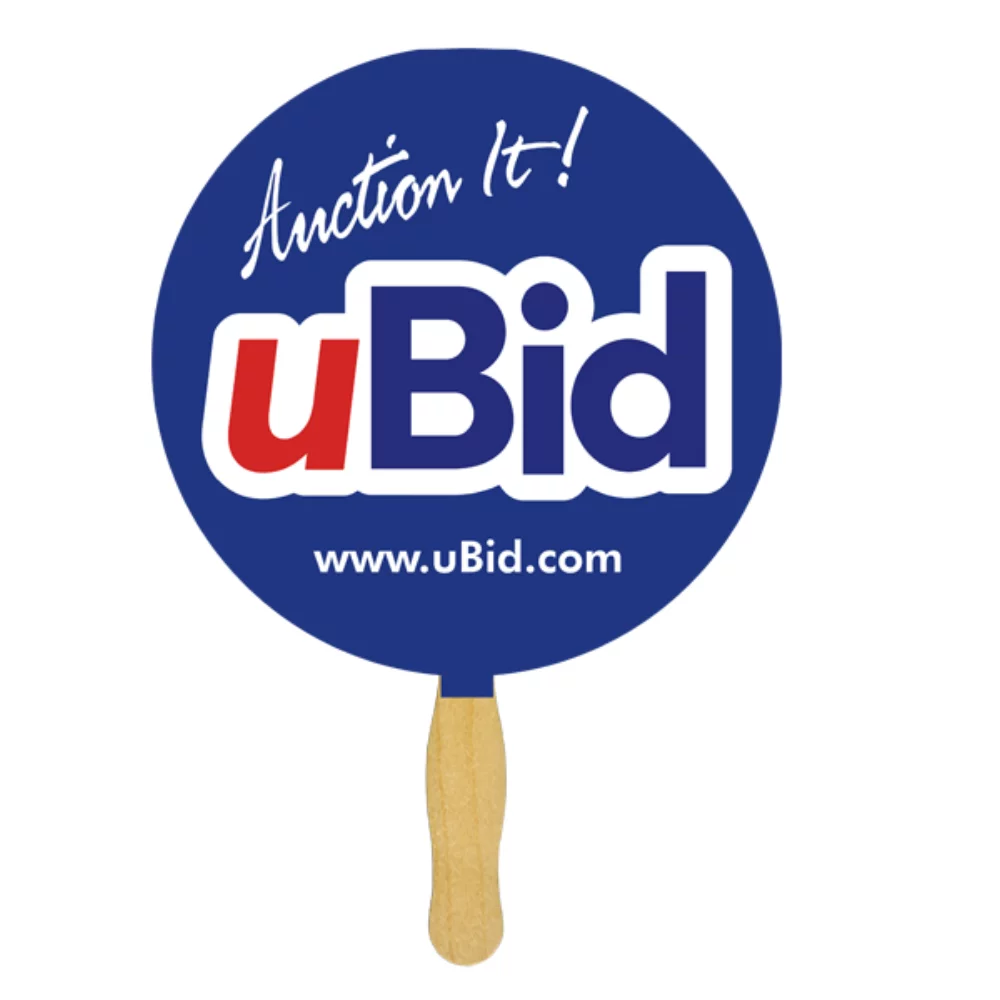 Éventail à main rond avec impression recto verso en quatre couleurs.