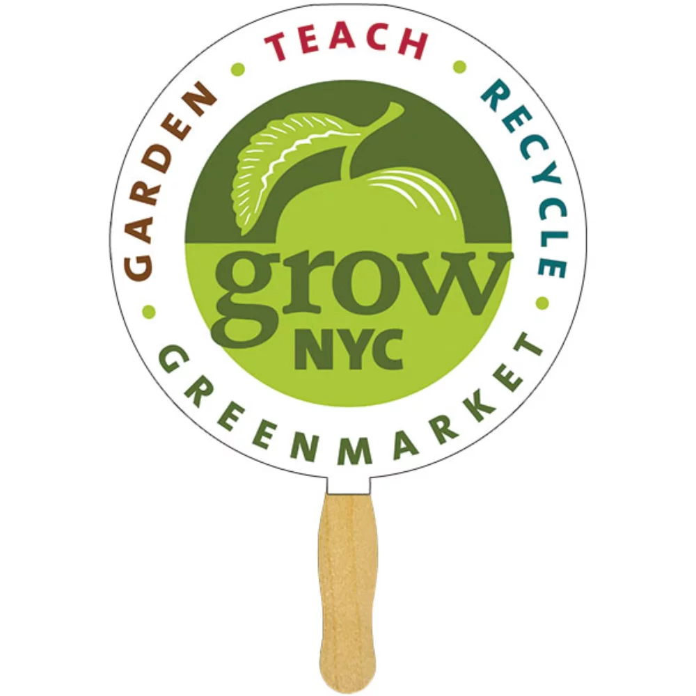 Éventail à main rond avec impression recto verso en quatre couleurs.