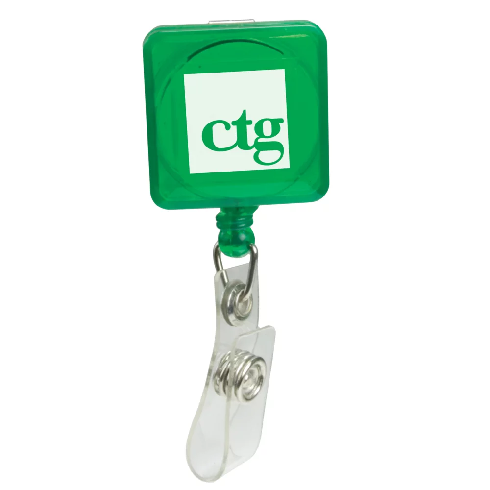 Porte-badge rétractable imprimé par tampographie (carré avec pince crocodile)