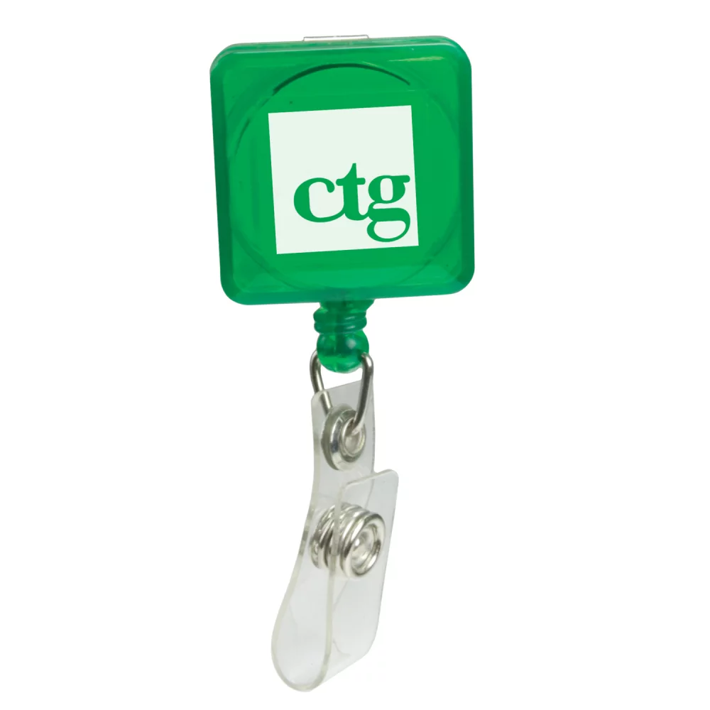 Porte-badge rétractable imprimé par tampographie (carré avec clip à glissière)