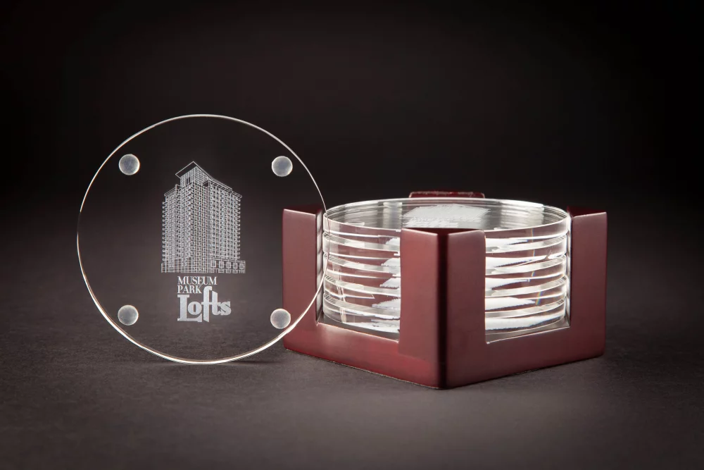 Stacked Round Crystal Coasters w/Wood Stand 4 x 1/4"