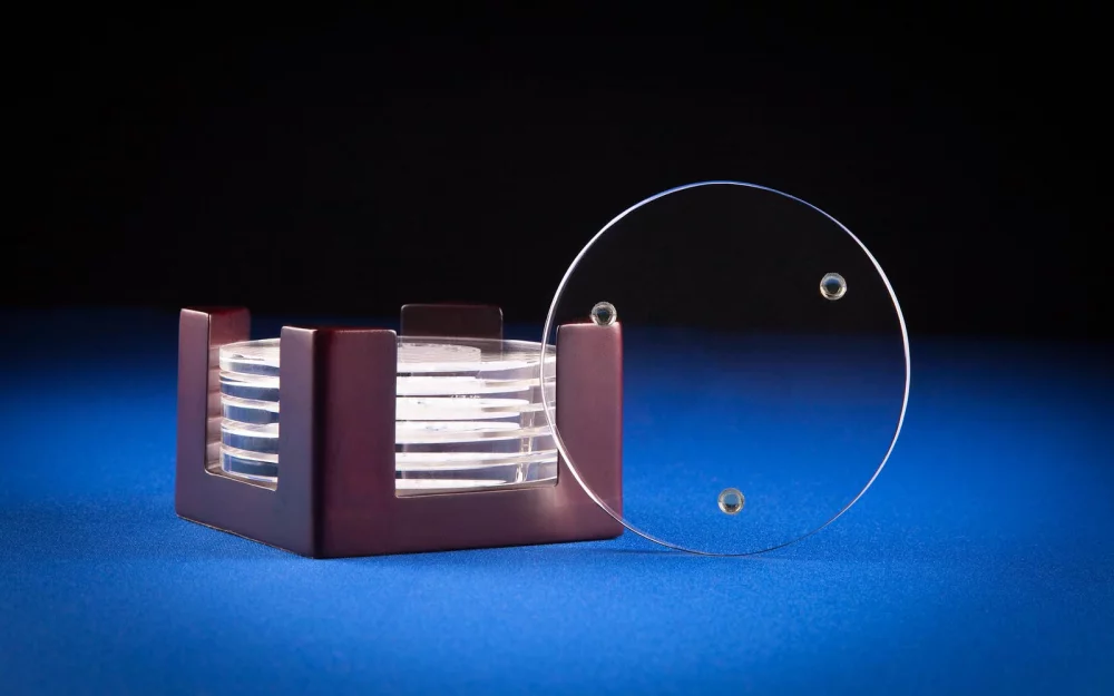 Sous-verres ronds empilés en cristal avec support en bois 4 x 1/4"