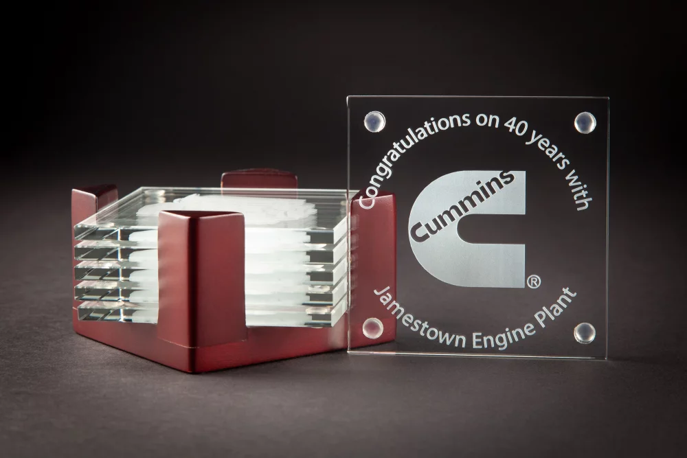 6 Square Coaster Stacked w/Wooden Stand (4 x 4 x 1/4")