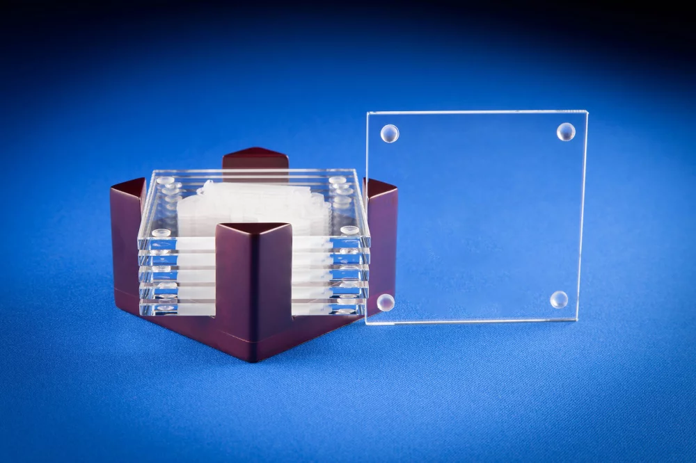 6 Square Coaster Stacked w/Wooden Stand (4 x 4 x 1/4")