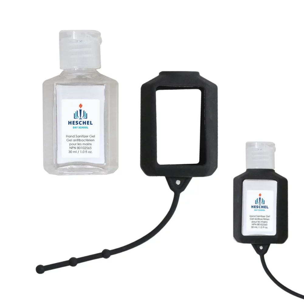 Désinfectant pour les mains de 30 ml (1 oz liquide) avec support en silicone.