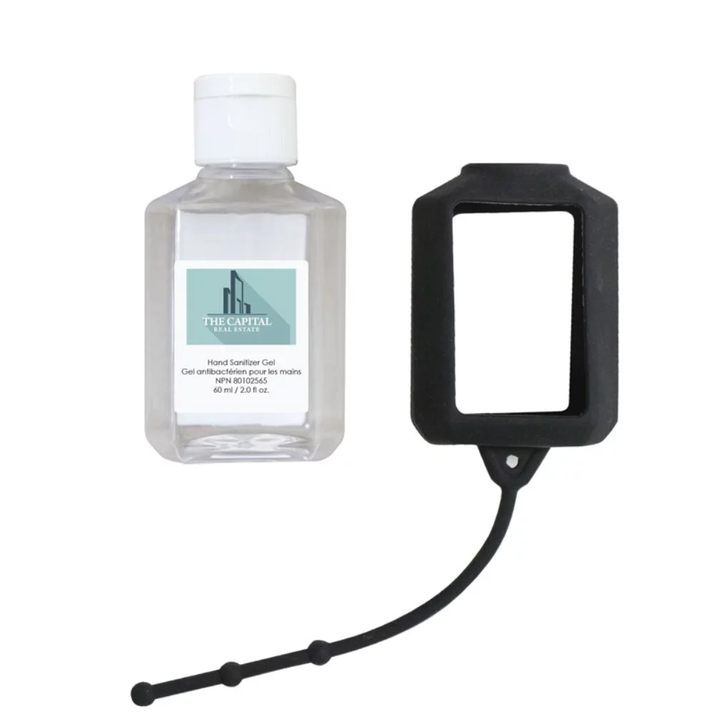 Désinfectant pour les mains de 60 ml (2 oz liquides) avec support en silicone.