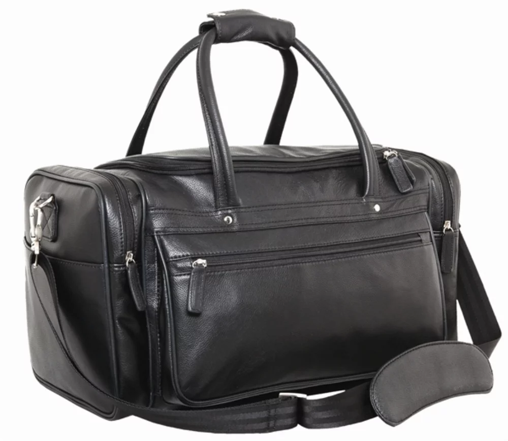 Sac de voyage en cuir véritable noir de qualité supérieure en nappa grainé moulé.