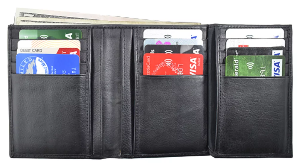 Leather Tri-Fold Wallet black top grain milled nappa cowhide leather, RFID