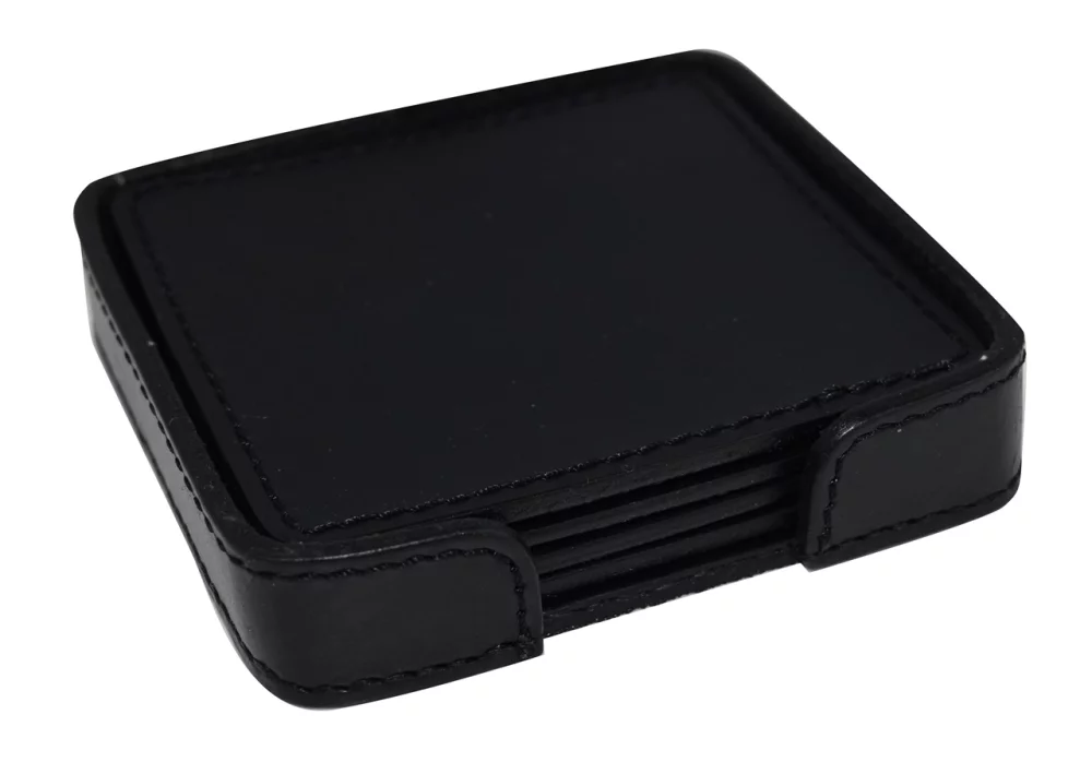 Set of 4 Genuine Leather Square Coasters with Stitched Edge in Holder - black