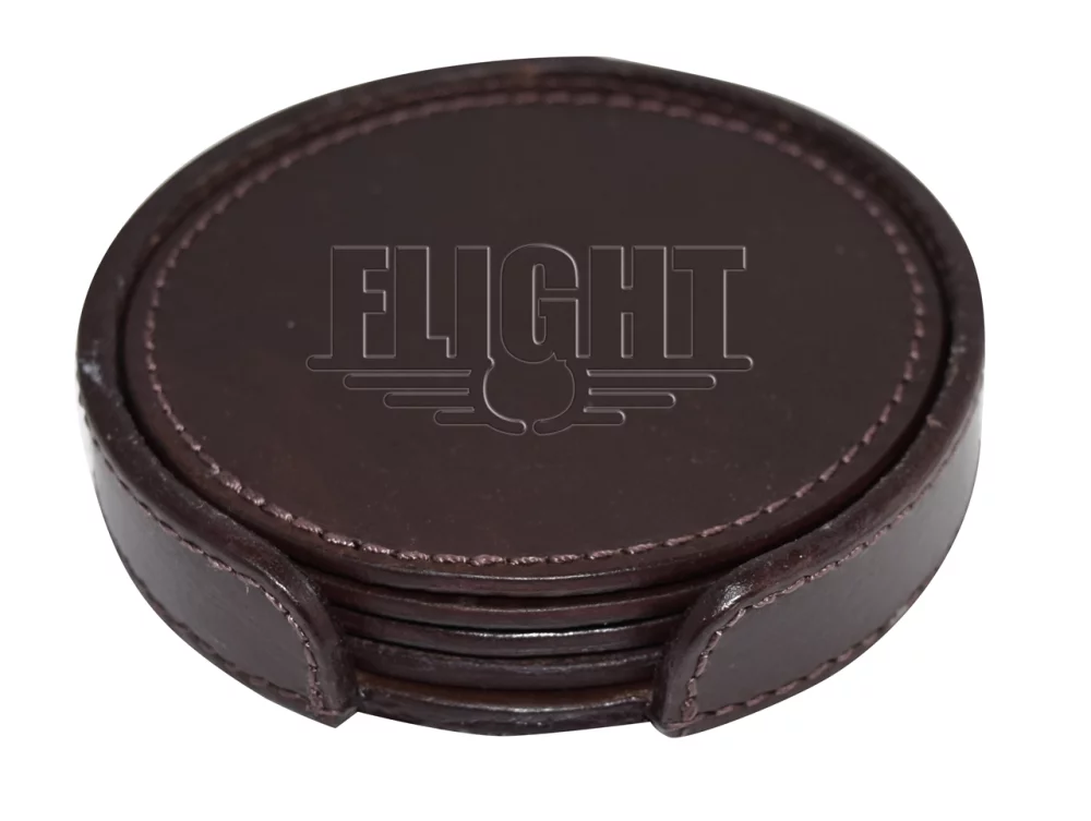 Set of 4 Genuine Leather Round Coasters with Stitched Edge in Holder - brown