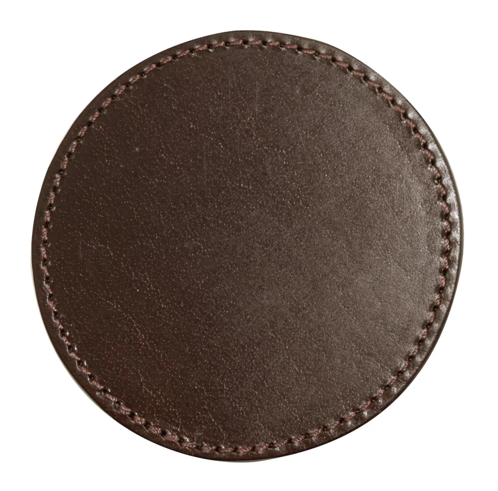 Set of 4 Genuine Leather Round Coasters with Stitched Edge in Holder - brown