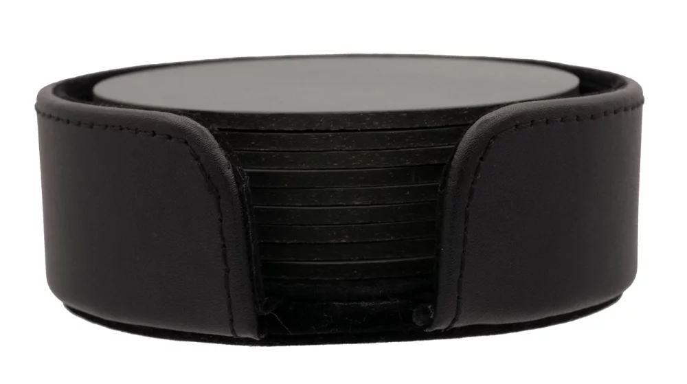 Set of 8 round black thick European bonded leather coasters with holder