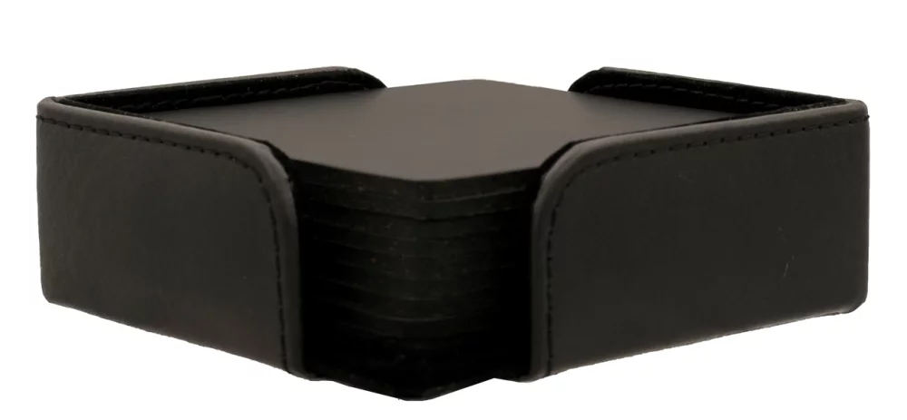 Set of 8 square black thick European bonded leather coasters with holder