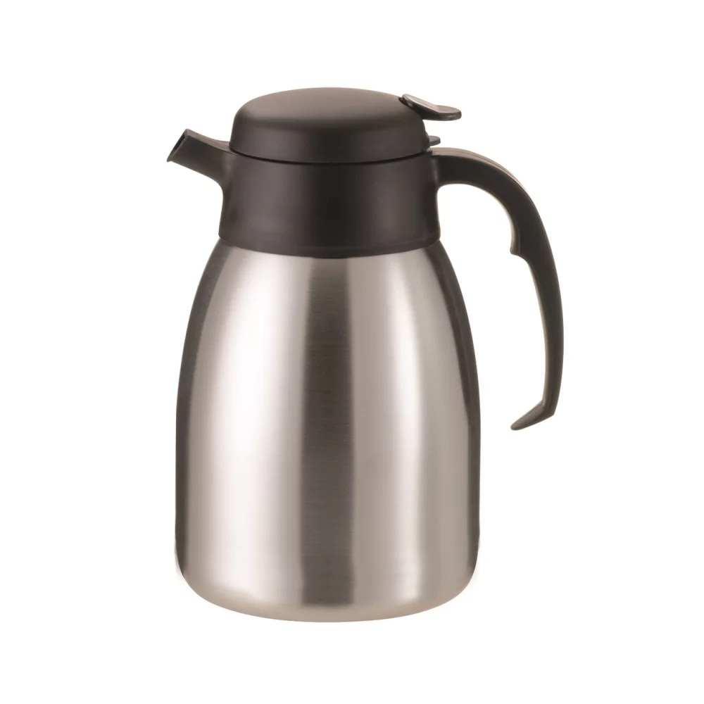 Carafe Steelvac 1,5 L en acier inoxydable à double paroi, avec couvercle à bouton-poussoir.